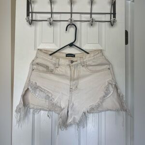 Momokrom High Rise Distressed Cream Denim Shorts